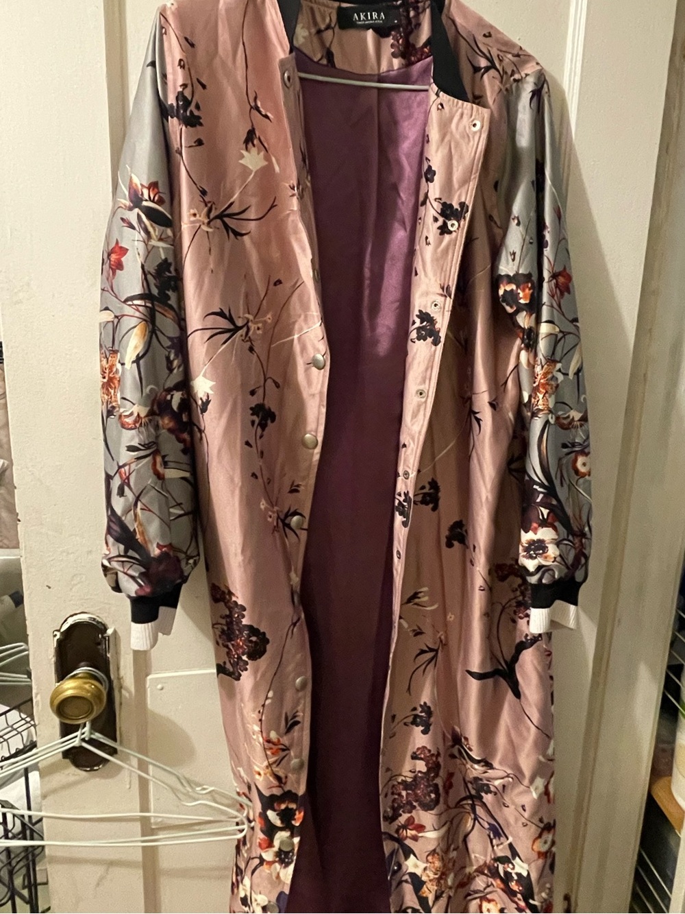 AKIRA Blush Pink Floral Satin Long Bomber Coat